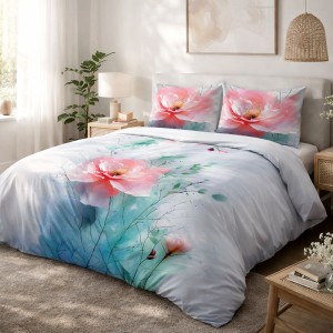 Pościel satyna bawełniana 180x200 Roselle szara i zielona w różowe kwiaty, Satynlove Premium