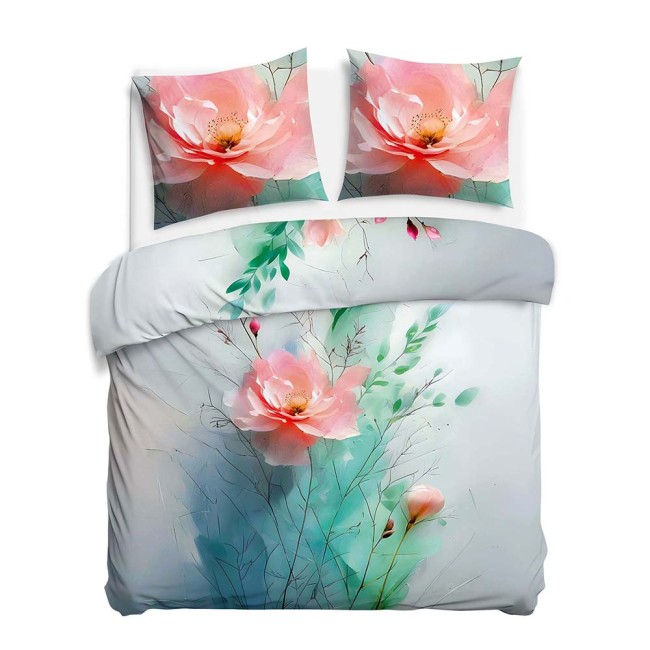 Pościel satyna bawełniana 220x200 w odcieniach szarości i zieleni z różowymi kwiatami, w tym poduszki z wyraźnym, kwiatowym wzorem. Zestaw leży na płasko, ukazując detaliczne nadruki na tkaninie.