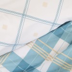 Pościel bawełniana 160x200 w kolorze białym i błękitnym, z wzorem kraty. Widoczne linie w odcieniu błękitu i kremu. Produkt leży na płasko, ukazując detale materiału oraz wyrazisty wzór. Tło jest jasne, co podkreśla kolory pościeli.