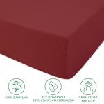 Prześcieradło jersey z gumką w kolorze bordowym, rozmiar 70x160 cm, wykonane z 100% bawełny. Widoczne detale to gładka tekstura i elastyczna gumka zapewniająca dopasowanie. Gramatura 130 g/m², bez domieszek sztucznych materiałów.
