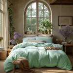 Pościel frotte w kolorze morskim o wymiarach 155x220 cm, z miękkiej tekstury, złożona na łóżku. W tle widoczne rośliny doniczkowe i kwiaty, a także jasne zasłony i okno, co tworzy przytulny klimat.