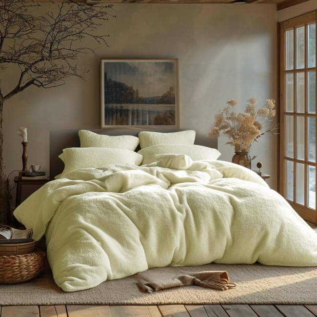  Miękka pościel frotte 155x220 cm w kremowym kolorze + 1x poszewka na poduszkę 80x80 cm 