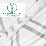 Pościel bawełniana 135x200 w szaro-białą kratkę, rozłożona z widocznym wytrzymałym zamkiem błyskawicznym. Delikatna dzianina jersey, z geometrycznym wzorem. Ujęcie z bliska, podkreślające szczegóły faktury i zamka.