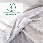 Zbliżenie na zamek błyskawiczny w pościeli bawełnianej 135x200 . Widoczne białe tkaniny z dekoracyjnym ornamentem oraz wytrzymały zamek. Pościel rozłożona, ukazująca teksturę dzianiny jersey. Tło jasne, minimalistyczne.