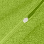 Poszewka frotte 80x80 w jaskrawym zielonym kolorze, widoczny zamek błyskawiczny w białym kolorze. Tekstura materiału miękka i puszysta, idealna do użytku domowego.