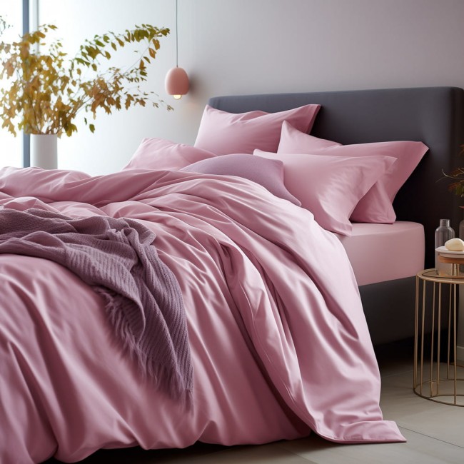 Poszewka satynowa 80x80 w kolorze wrzos, leżąca na łóżku z lekkimi zmarszczkami, obok poduszki i koca w podobnym odcieniu. Tło to jasna ściana z dużym oknem oraz dekoracyjnym kwiatem w wazonie. Wykończenie gładkie i błyszczące.