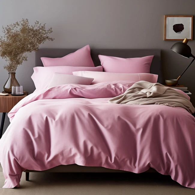 Poszewka satynowa 80x80 w kolorze wrzosowym, ułożona na łóżku z minimalistyczną pościelą. Frontalny kąt ujęcia, ukazujący gładką fakturę. Obok widoczne poduszki w pasujących odcieniach oraz lekki koc w neutralnym kolorze. Tło w tonacji szaro-beżowej.