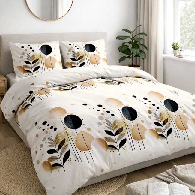  Pościel satynowa 100% bawełniana z białym tłem z geometrycznym wzorem beżowo-czarnym z kolekcji Satynlove 