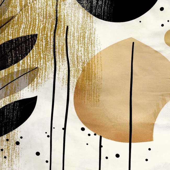 Pościel satynowa w kolorze białym, o wymiarach 220x200 cm, z geometrycznym wzorem w odcieniach beżu i czerni. Wzór zawiera okręgi, linie oraz organiczne kształty na gładkim tle. Idealna do nowoczesnych wnętrz.