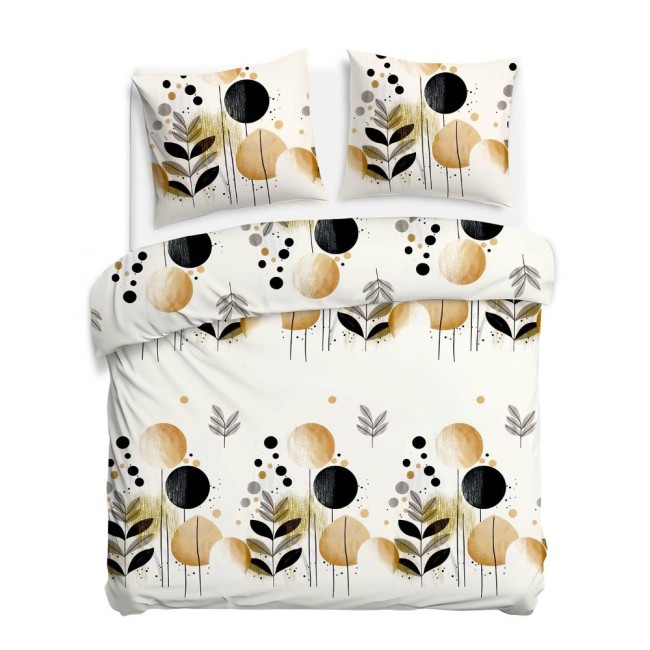 Pościel satyna bawełniana 220x200 Linure w bieli z geometrycznym wzorem w beżu i czerni. Na poszewkach oraz narzucie widoczne okręgi, kropki i liście, tworzące nowoczesny design. Produkt rozłożony na płasko, w pełnym widoku.