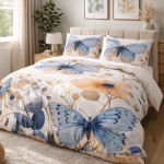 Pościel satyna bawełniana 140x200 Satynlove Premium w kremowym kolorze z niebieskimi motylami. Ułożona na łóżku, widok z góry. Na narzucie duże motyle w odcieniach błękitu oraz abstrakcyjne wzory roślinne. Poduszki z motywem motyli na tle jasnym.