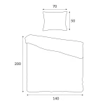 Pościel satyna bawełniana 140x200 w kolorze kremowym, z poduszką 50x70, z niebieskimi motylami. Złożona w kształcie prostokąta, z wyraźnymi wymiarami. Ułożona na płaskiej powierzchni. Tekstura satyny widoczna na krawędziach.