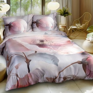 Pościel satyna bawełniana 200x200 Satynlove Premium różowa, szara z kwiatami