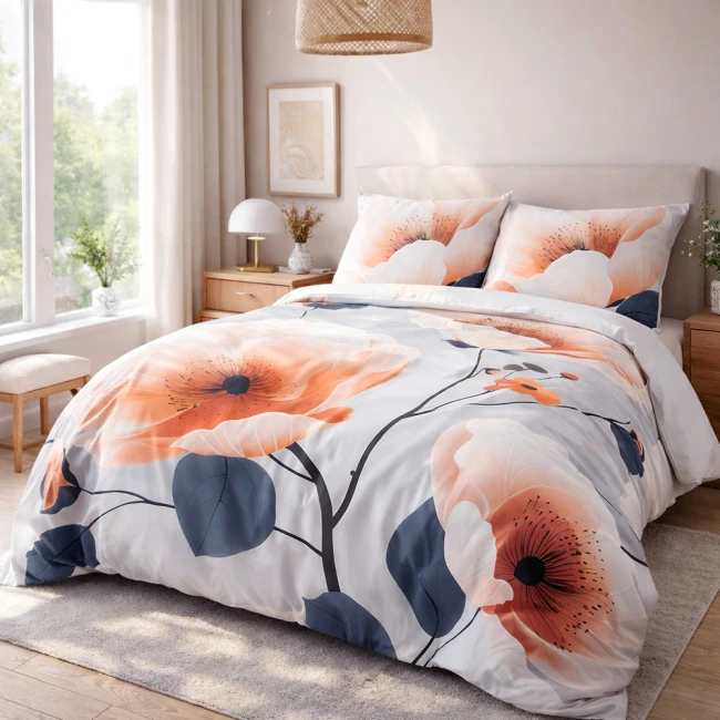 Pościel satyna bawełniana 200x200 Satynlove Premium w kolorze szarym z pomarańczowymi kwiatami, rozłożona na łóżku. Widać dwa poszewki na poduszki z dużymi motywami kwiatowymi. Tło naturalne, z zielenią roślin w pomieszczeniu.