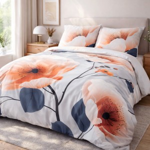 Pościel satyna bawełniana 220x200 Satynlove Premium szara z pomarańczowymi kwiatami