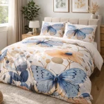 Pościel satyna bawełniana 220x240 w kolorze kremowym z niebieskimi motylami i delikatnymi, stonowanymi kwiatami. Rozłożona na łóżku, z widocznymi wszystkimi elementami – poduszki i kołdra. Tło jasne, naturalne otoczenie z roślinnością.