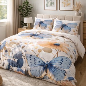 Pościel satyna bawełniana 220x240 Satynlove Premium kremowa z niebieskimi motylami