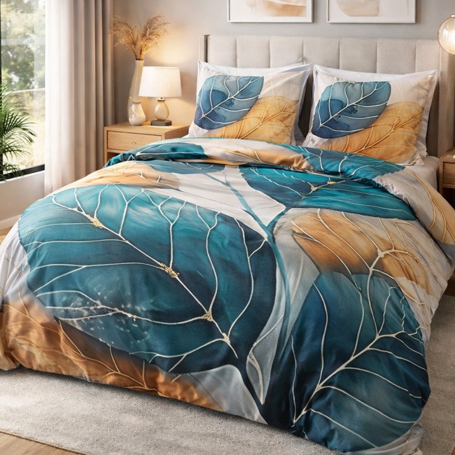  Pościel satynowa 220x200 cm + 2x poszewki na poduszkę 50x70 cm z dużym wzorem liści w odcieniach turkusu, złota i granatu w nowoczesnym stylu 
