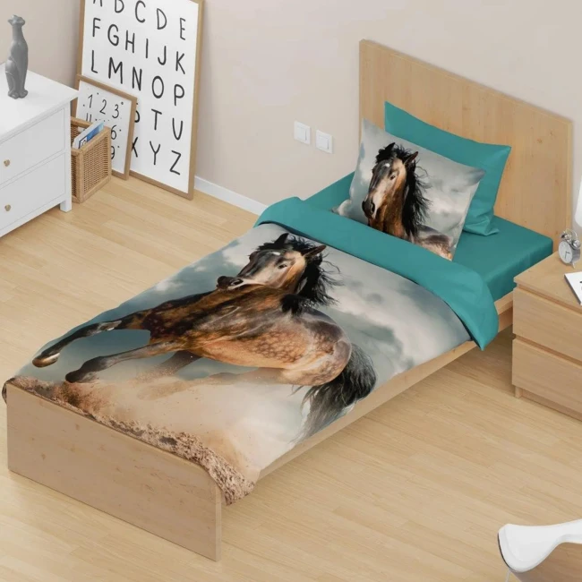 Pościel bawełniana 140x200 Koń, turkusowa