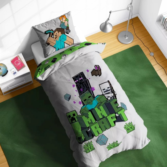 Pościel bawełniana 140x200 Minecraft szara
