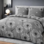 Pościel bawełniana 160x200 Dandelion szara w białe i czarne dmuchawce, Cottonlove