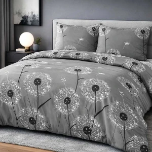 Pościel bawełniana 160x200 Dandelion szara w białe i czarne dmuchawce, Cottonlove