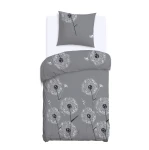 Pościel bawełniana 140x200 Dandelion szara w białe i czarne dmuchawce, Cottonlove
