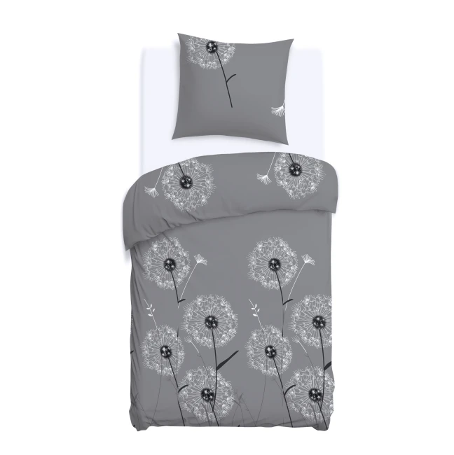 Pościel bawełniana 140x200 Dandelion szara w białe i czarne dmuchawce, Cottonlove