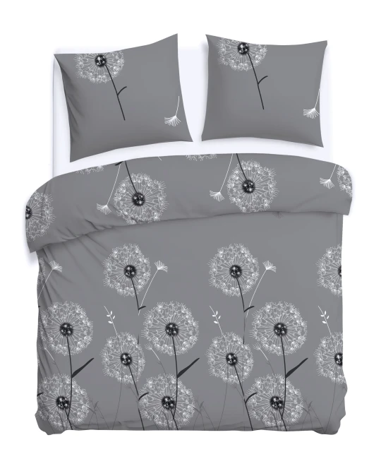 Pościel bawełniana 160x200 Dandelion szara w białe i czarne dmuchawce, Cottonlove