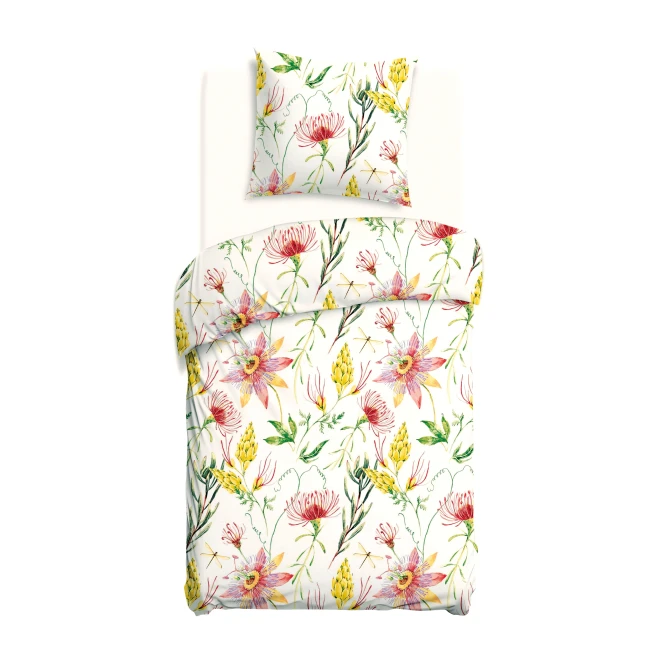 Pościel bawełniana 140x200 Sunny Bloom biała w kolorowe letnie kwiaty, Cottonlove