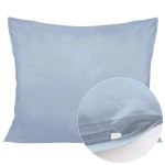 Poszewka satynowa 70x80 w kolorze błękitnym, leżąca na białym tle. Zbliżenie na zamek błyskawiczny umieszczony w dolnej części poszewki. Gładka faktura materiału, brak widocznych wzorów i logo.