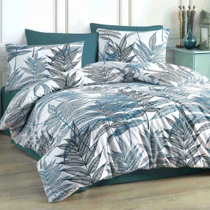 Pościel bawełniana 160x200 Amazoni biała w dekoracyjne niebieskie liście, Cottonlove Exclusive