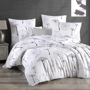 Pościel bawełniana 200x220 Arabella biała w szare i czarne dmuchawce, Cottonlove Exclusive