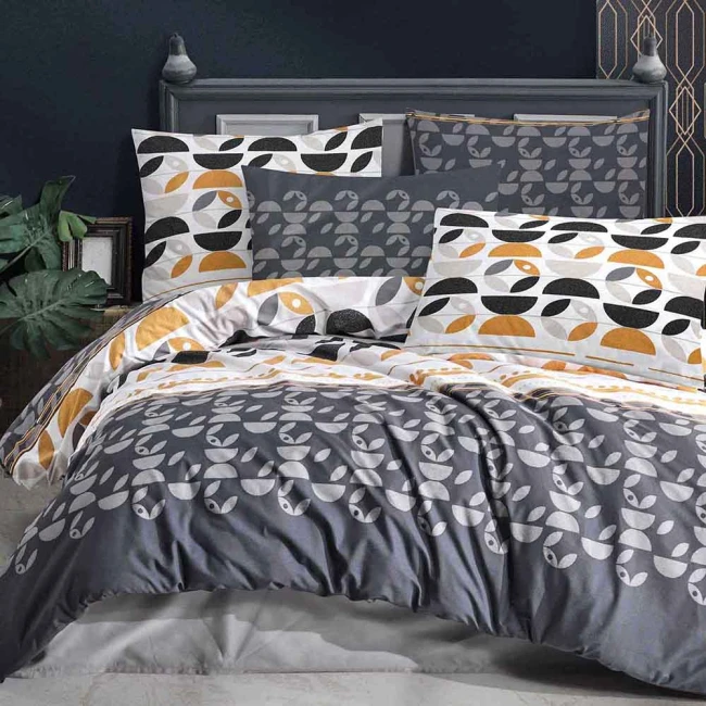  Piękny komplet szarej pościeli 160x200 cm + 2x poszewki na poduszki 70x80 cm w biały i pomarańczowy ornament 