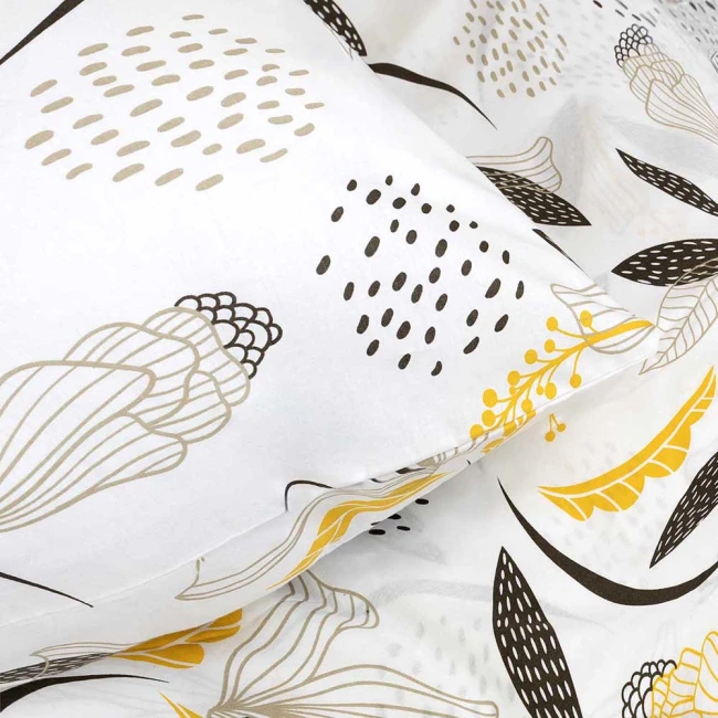 Pościel bawełniana 160x200 Charlotte biała w brązowe i żółte kwiaty, Cottonlove Exclusive