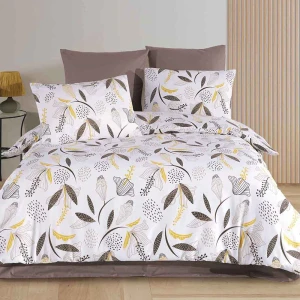 Pościel bawełniana 200x220 Charlotte biała w brązowe i żółte kwiaty, Cottonlove Exclusive