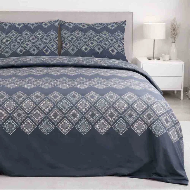  Elegancki komplet niebieskiej pościeli 160x200 cm + 2x poszewki na poduszki 70x80 cm w dekoracyjny jasny ornament 