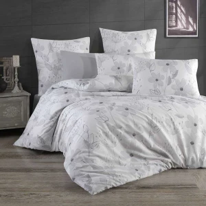 Pościel bawełniana 160x200 Larissa biała w szare kwiaty, Cottonlove Exclusive