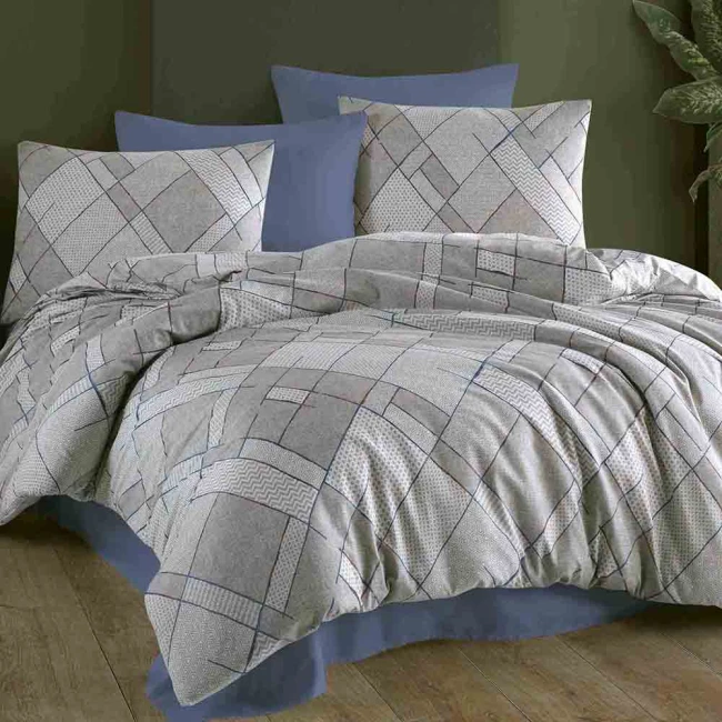  Elegancki komplet szarej pościeli 160x200 cm + 2x poszewki na poduszki 70x80 cm w geometryczny wzór z niebieskimi i brązowymi detalami 