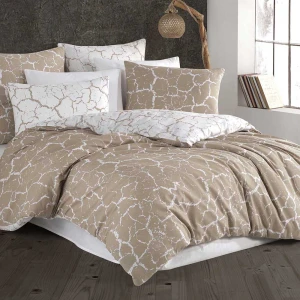 Pościel bawełniana 160x200 Mercer Beige beżowa i biała w dekoracyjny wzór, Cottonlove Exclusive