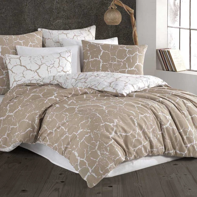  Elegancki komplet beżowej i białej pościeli 200x220 cm + 2x poszewki na poduszki 70x80 cm w dekoracyjny motyw marmuru 