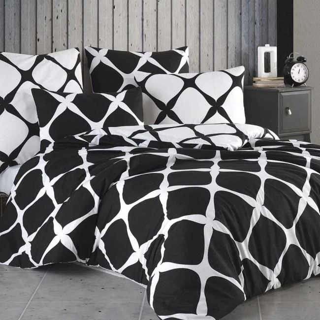  Elegancki komplet biało-czarnej pościeli 200x220 cm + 2x poszewki na poduszki 70x80 cm w dekoracyjny motyw kratki 