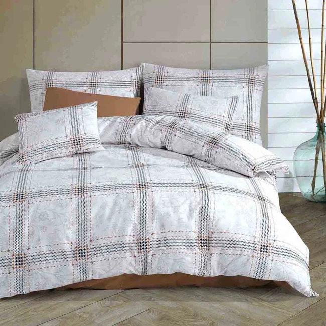  Elegancki komplet białej pościeli 200x220 cm + 2x poszewki na poduszki 70x80 cm w szaro pomarańczową kratkę 