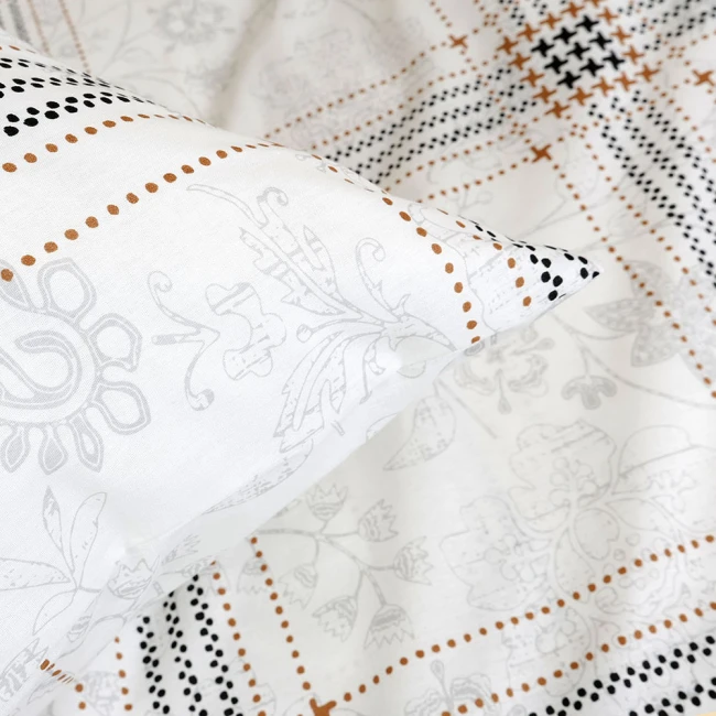 Pościel bawełniana 160x200 Quatre biała w czarną i brązową kratę, Cottonlove Exclusive