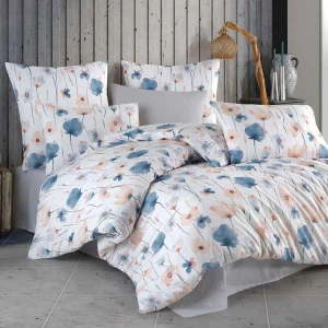 Pościel bawełniana 160x200 Romance biała w niebieskie i pomarańczowe kwiaty, Cottonlove Exclusive