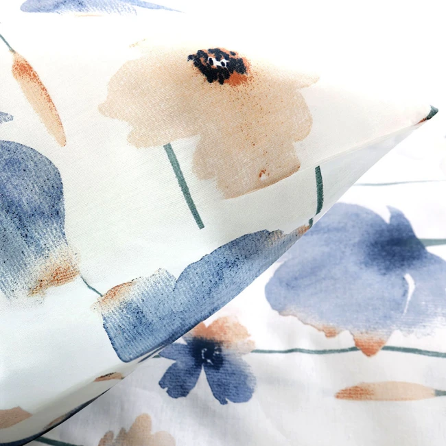 Pościel bawełniana 160x200 Romance biała w niebieskie i pomarańczowe kwiaty, Cottonlove Exclusive