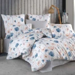 Pościel bawełniana 200x220 Romance biała w niebieskie i pomarańczowe kwiaty, Cottonlove Exclusive