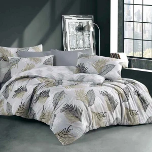 Pościel bawełniana 160x200 Sonella szara w czarne i beżowe liście, Cottonlove Exclusive