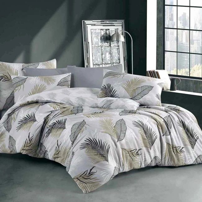  Elegancki komplet szarej pościeli 200x220 cm + 2x poszewki na poduszki 70x80 cm w dekoracyjne beżowe i czarne liście 