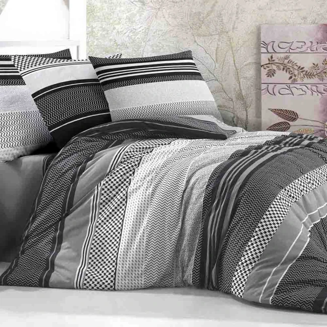  Elegancki komplet czarno-białej pościeli 160x200 cm + 2x poszewki na poduszki 70x80 cm w dekoracyjny szary ornament 